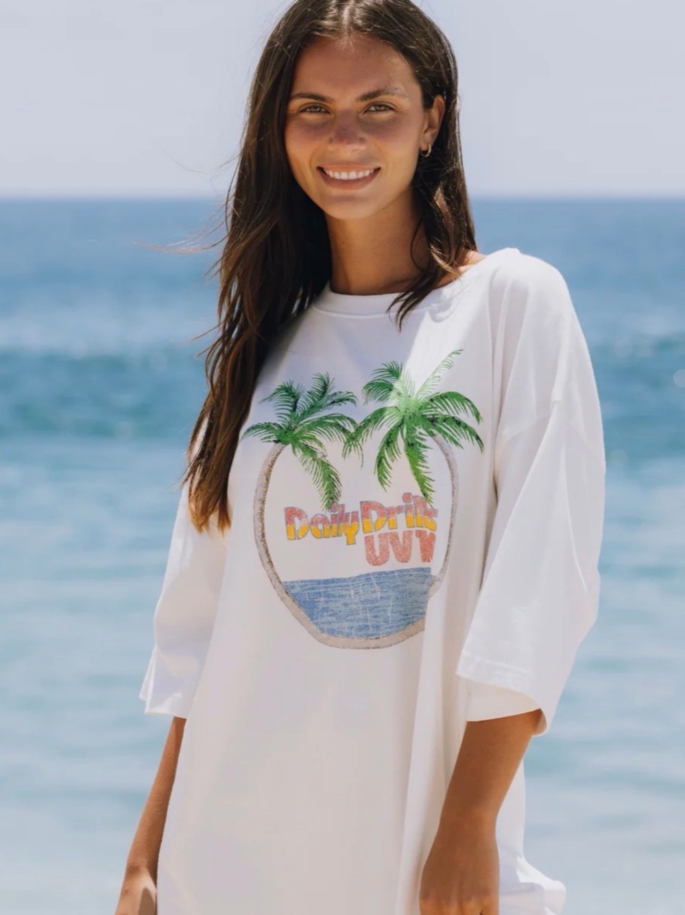 Daily Drills White Palm-Graphic UV Oversized Women’s Top